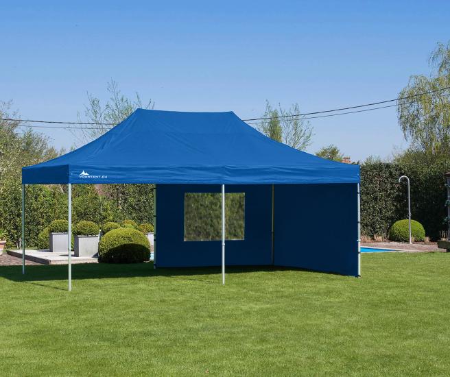 4x6m vouwtent AluHexPro blauw met zijwanden